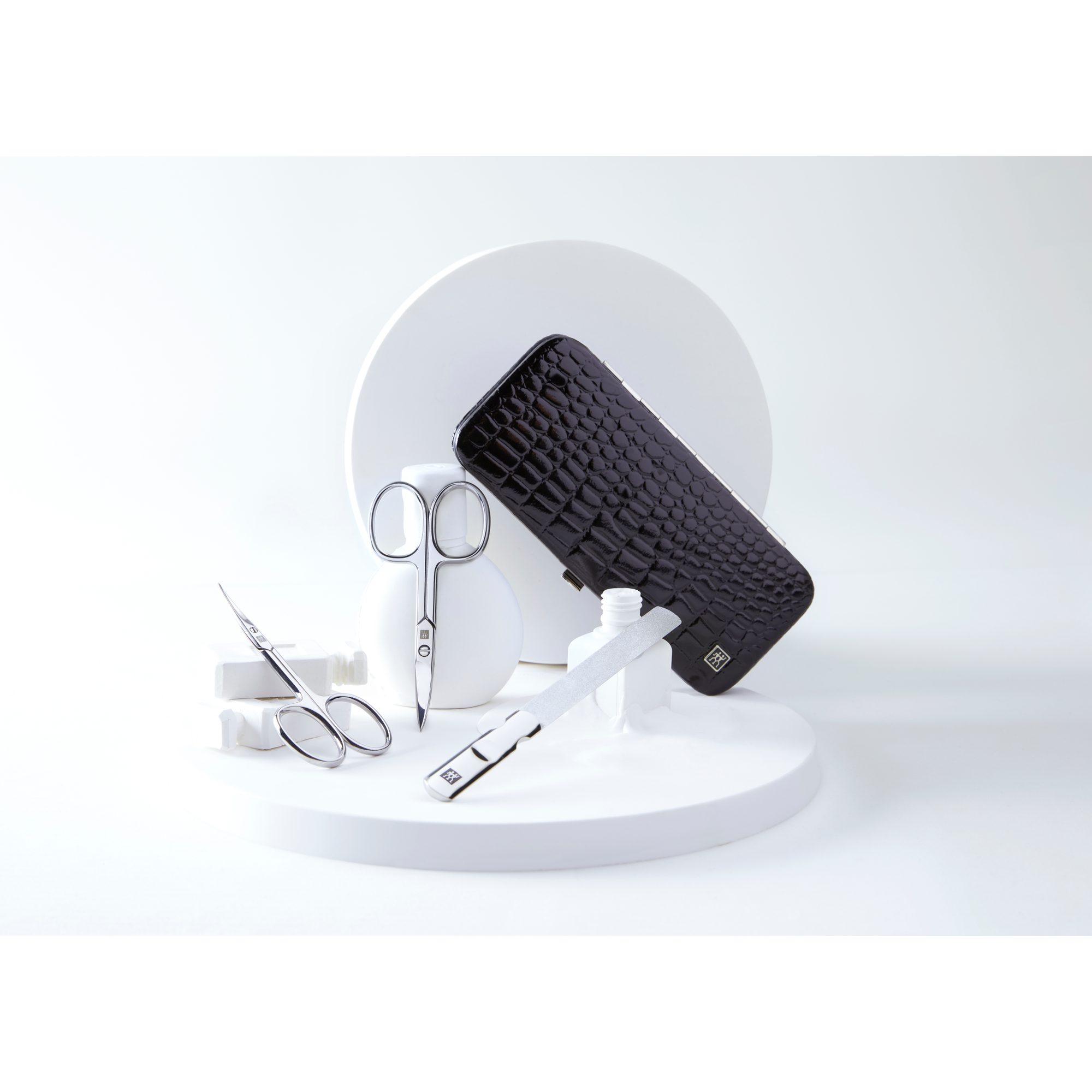 Maniküre Pediküre Set 5tlg. mit Nagelschere, Leder in Kroko-Optik, schwarz