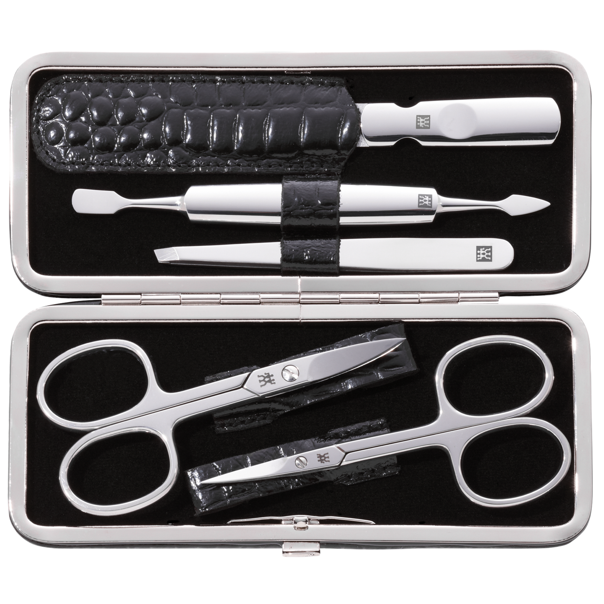 Geöffnetes ZWILLING Classic Set 5tlg. in schwarzer Kroko-Optik und Metallrahmen, mit den meistgenutzten Pflegeinstrumenten aus rostfreiem Edelstahl.
