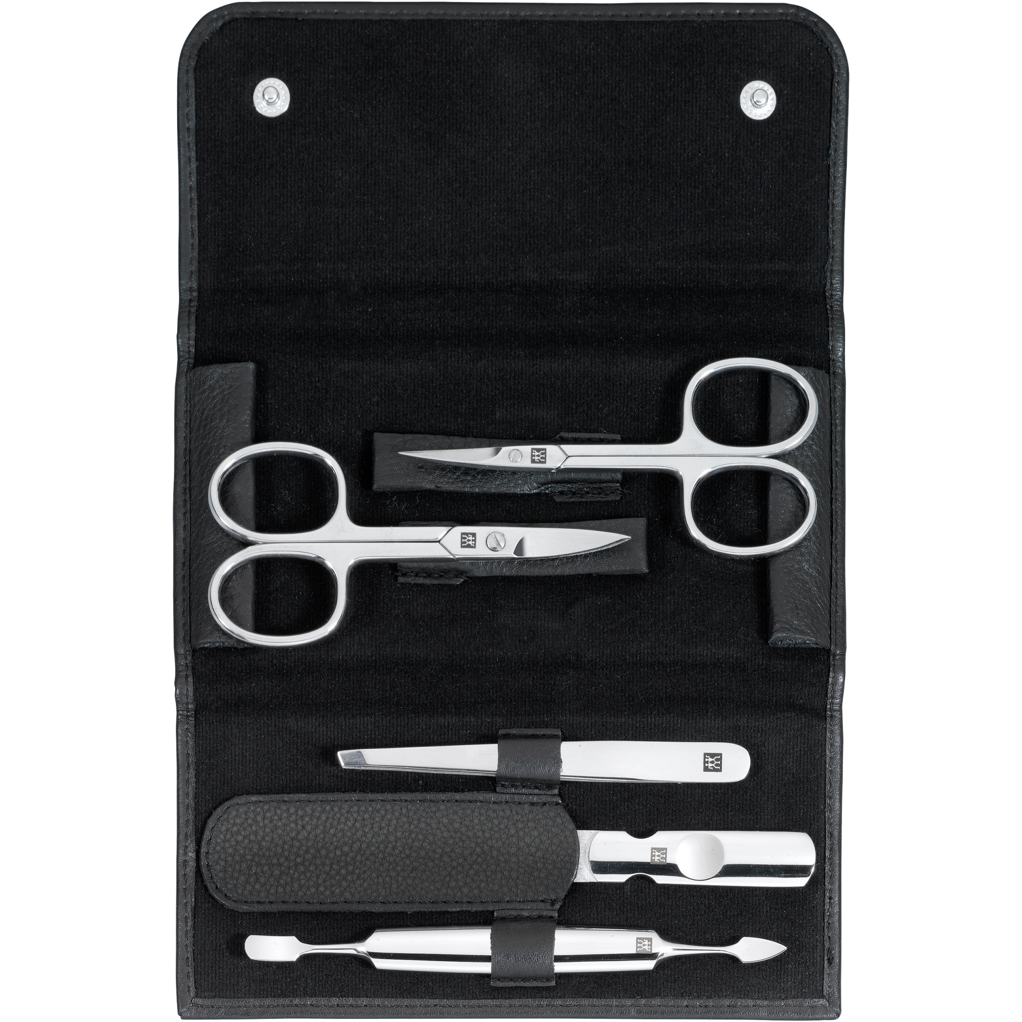 Geöffnetes ZWILLING Classic Set 5tlg. in schwarz mit Druckknopfverschluss mit den meistgenutzten Pflegeinstrumenten aus rostfreiem Edelstahl.