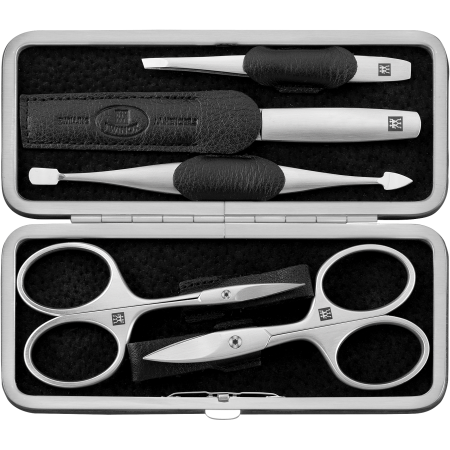Geöffnetes ZWILLING Premium Set 5tlg. in schwarz mit Metallrahmen, mit den meistgenutzten Pflegeinstrumenten aus rostfreiem Edelstahl.