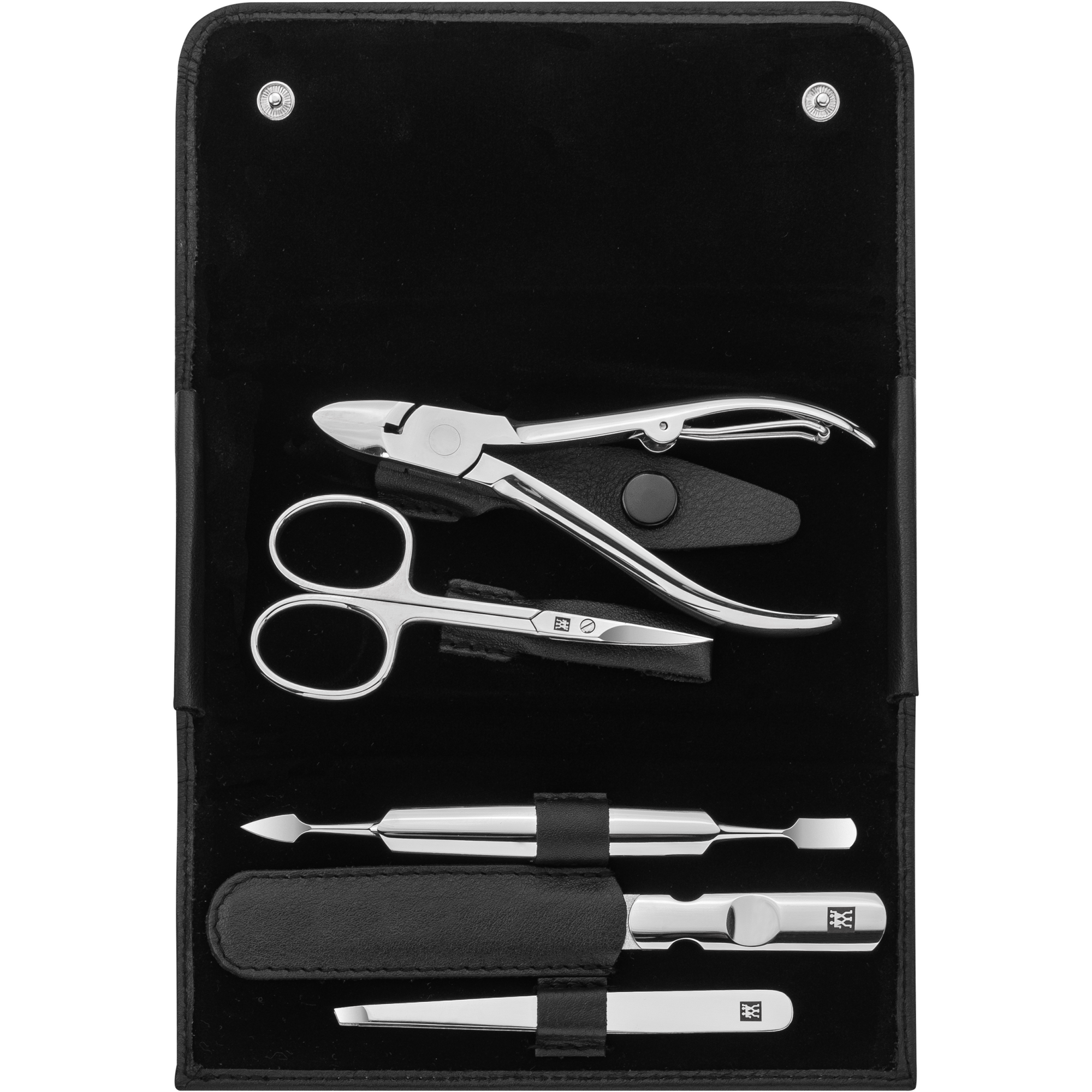 Geöffnetes ZWILLING Classic Set 5tlg. in schwarz mit Druckknopfverschluss und den meistgenutzten Pflegeinstrumenten aus rostfreiem Edelstahl.