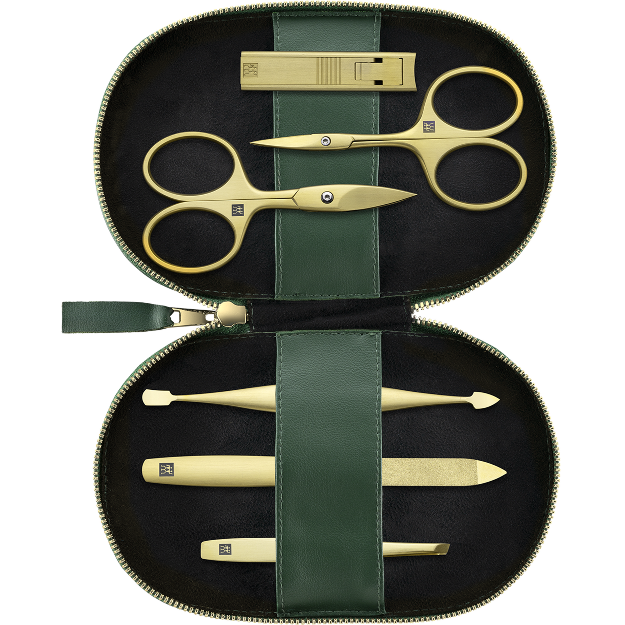 Geöffnetes ZWILLING Premium Apfelleder Set 6tlg. in Grün mit Reißverschluss und Maniküre- und Pediküreinstrumenten (Kompakt-Nagelknipser, Nagelschere, Nagelhautschere, Saphir-Nagelfeile, Nagelhautschieber und -reiniger und schräge Pinzette) in matt-gold.