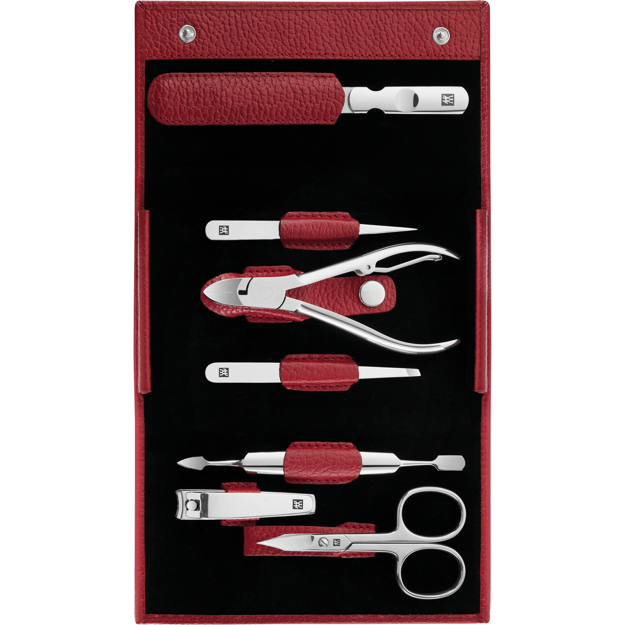 Geöffnetes ZWILLING Classic Set 7tlg. in rot mit Druckknopfverschluss und den meistgenutzten Pflegeinstrumenten aus rostfreiem Edelstahl.