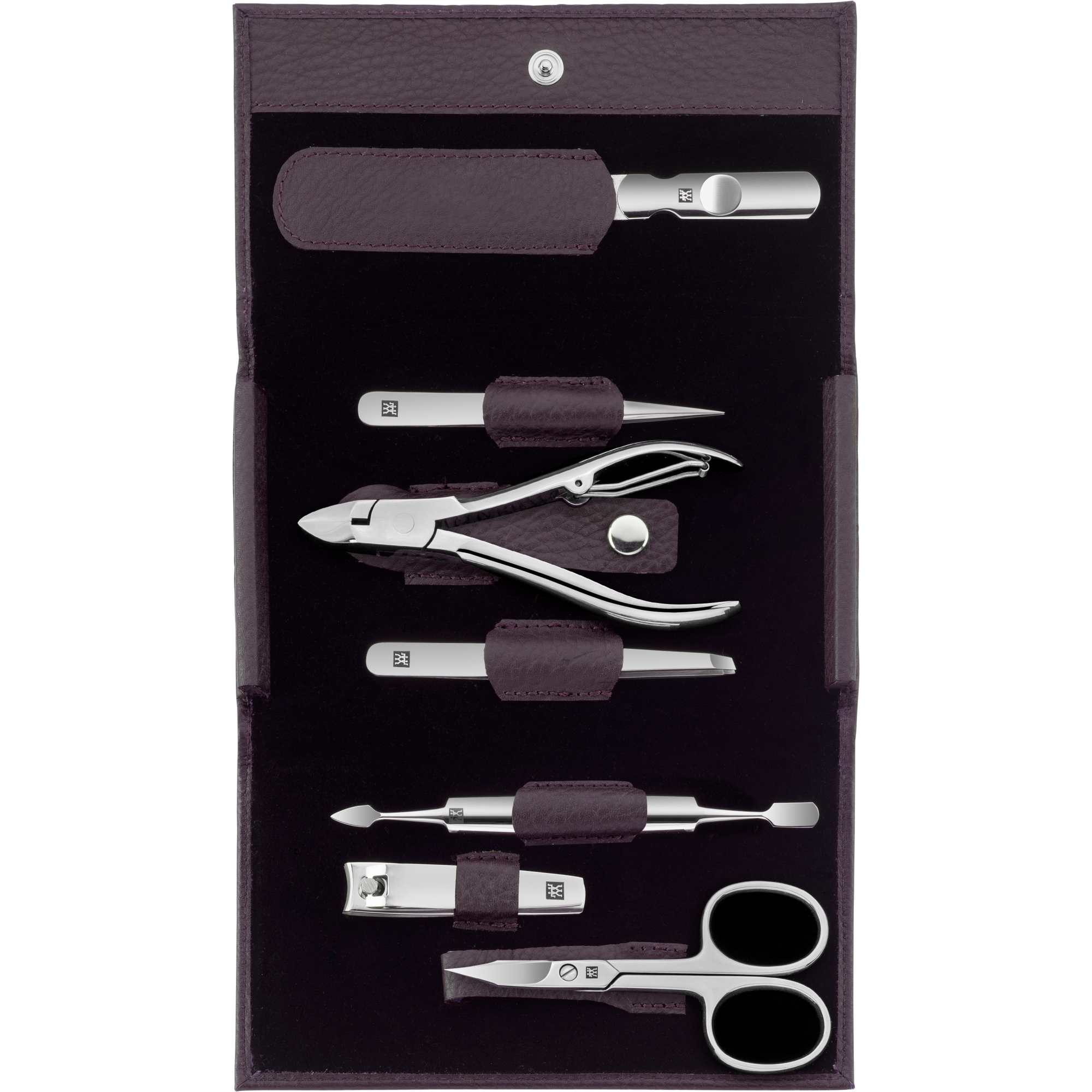 Geöffnetes ZWILLING Classic Set 7tlg. in Lila mit Druckknopfverschluss und den meistgenutzten Pflegeinstrumenten aus rostfreiem Edelstahl.