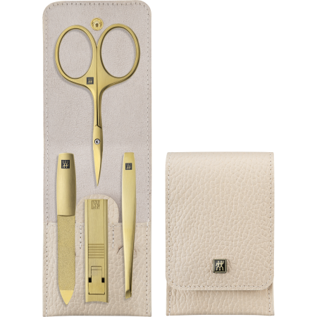 Maniküre Set 4tlg. mit Kompakt-Nagelknipser, Leder, beige