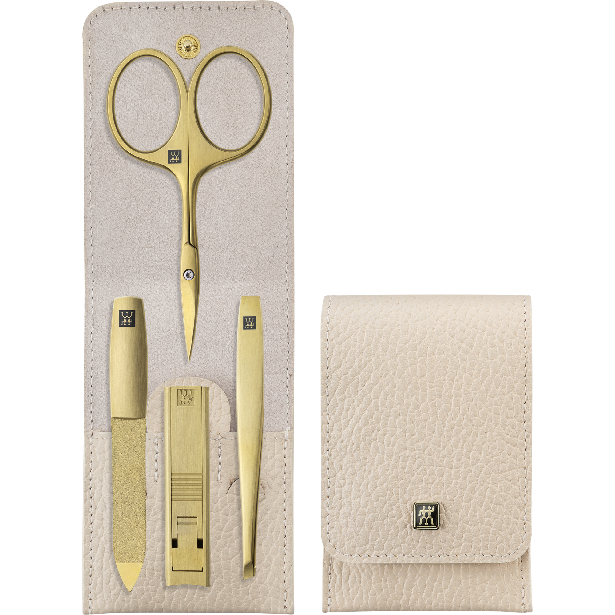 Maniküre Set 4tlg. mit Kompakt-Nagelknipser, Leder, beige