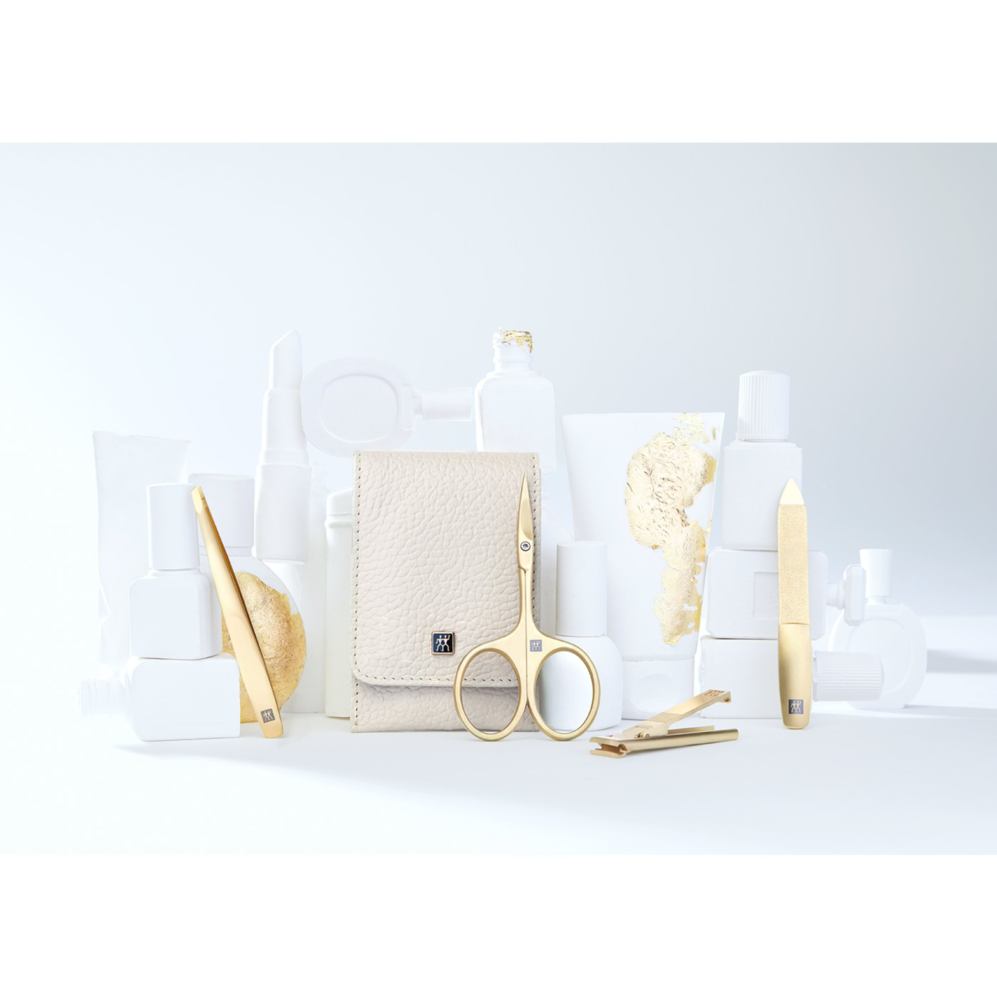 Maniküre Set 4tlg. mit Kompakt-Nagelknipser, Leder, beige