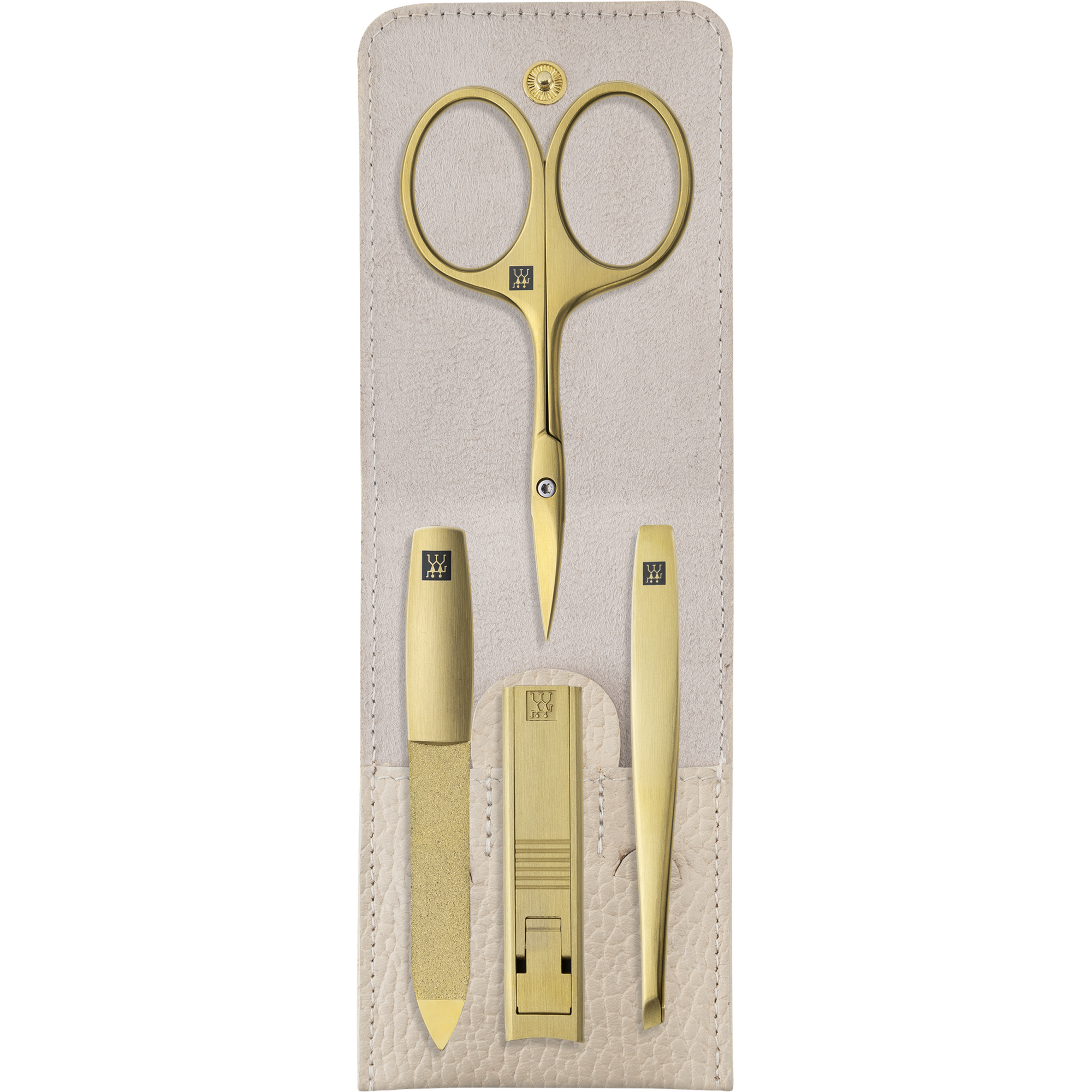 Geöffnetes ZWILLING Premium Set 4tlg. in Beige mit Druckknopfverschluss und den meistgenutzten Pflegeinstrumenten in gold.