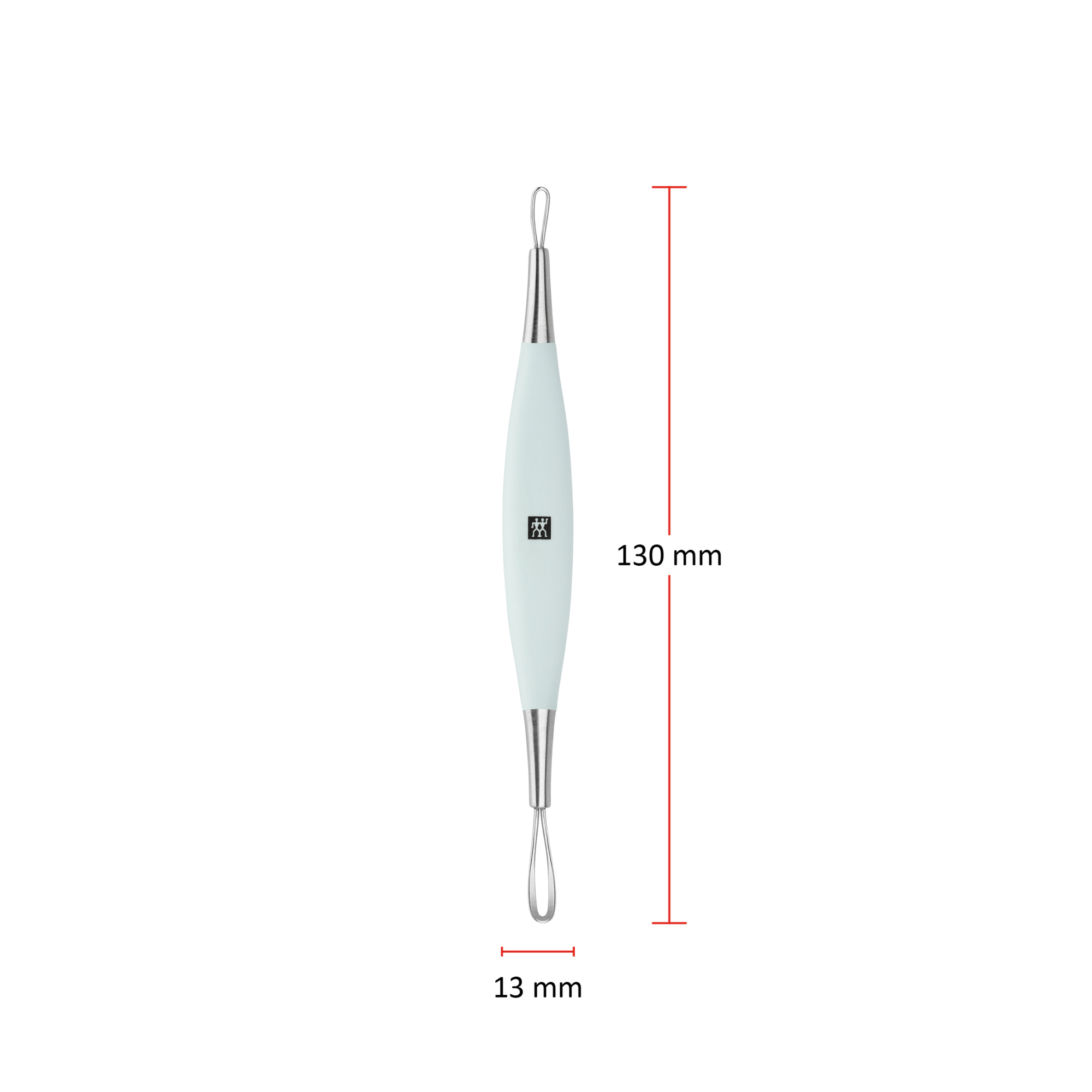 Größenangaben eines ZWILLING Premium Mitesserentferners. Gesamtlänge beträgt 130mm.