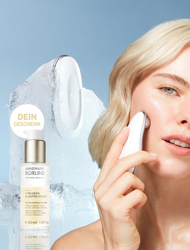 Neuer Cooling Roller von ZWILLING Beauty, dargestellt in einem Eisblock und bei der Anwendung durch eine junge Frau.