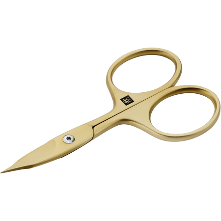 Queransicht einer ZWILLING Premium Nagel- und Nagelhautschere in Gold mit leicht gebogener Schneide und feiner Spitze.