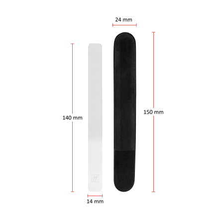 Größenangaben eines ZWILLING Premium Glas-Nagelbuffers. Gesamtlänge beträgt 140mm und die Breite 14mm. Die Gesamtlänge der Hülle beträgt 150mm und die Breite 24mm.