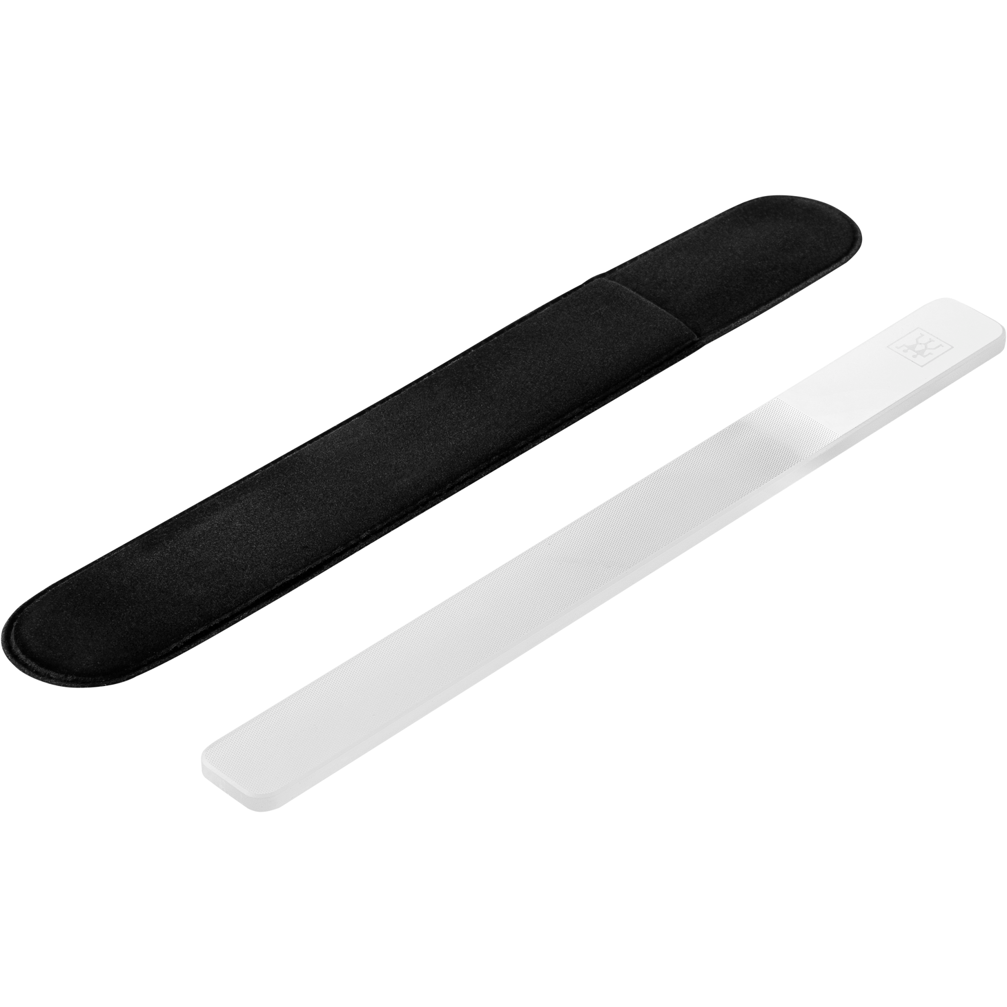 Queransicht eines ZWILLING Premium Glas-Nagelbuffers zum Glätten und Polieren der Nägel, inklusive Hülle.