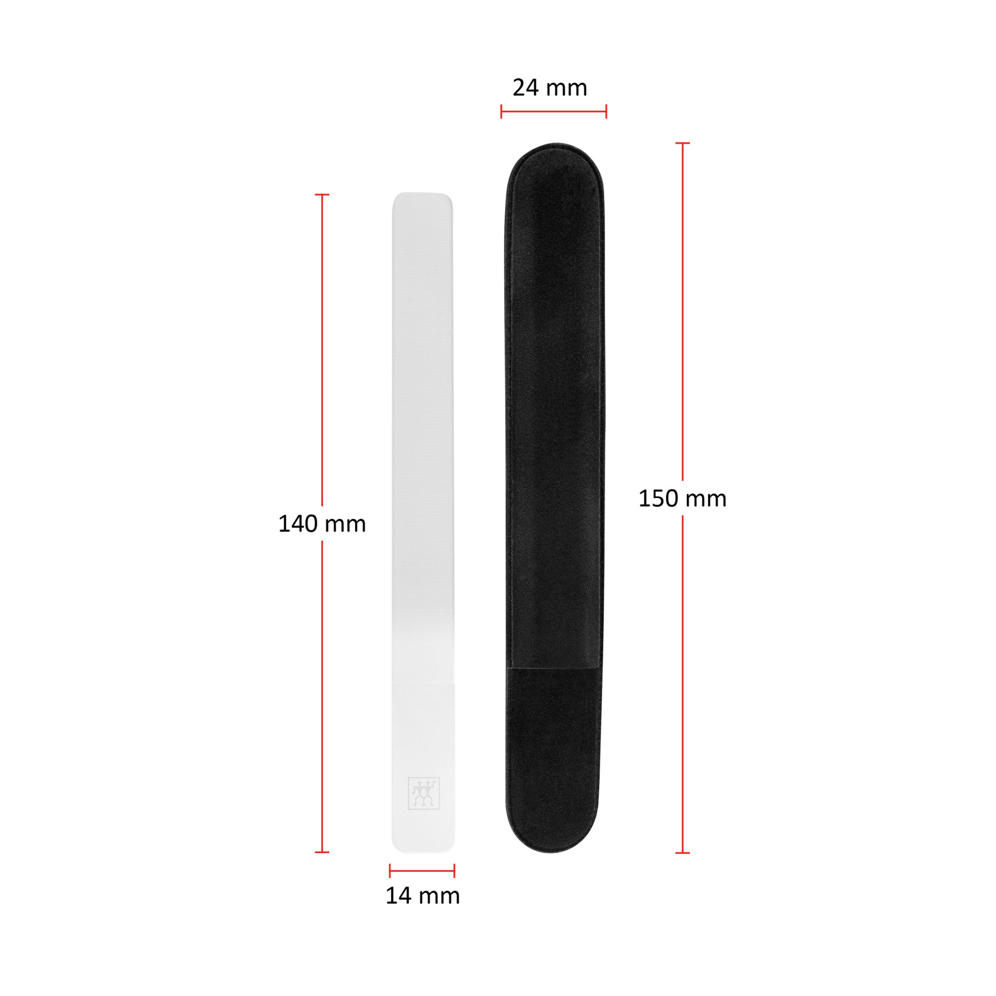 Größenangaben eines ZWILLING Premium Glas-Nagelbuffers. Gesamtlänge beträgt 140mm und die Breite 14mm. Die Gesamtlänge der Hülle beträgt 150mm und die Breite 24mm.