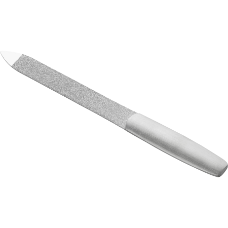 Queransicht einer ZWILLING Premium Saphir-Nagelfeile aus rostfreiem Edelstahl mit grob-und feinkörnigen Feilenflächen zum Kürzen und Formen.