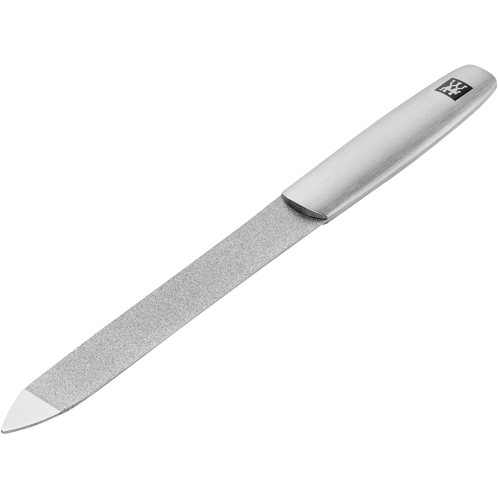 Queransicht einer ZWILLING Premium Saphir-Nagelfeile aus rostfreiem Edelstahl mit grob-und feinkörnigen Feilenflächen zum Kürzen und Formen.
