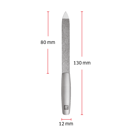 Größenangaben einer ZWILLING Premium Saphir-Nagelfeile. Gesamtlänge beträgt 130mm.