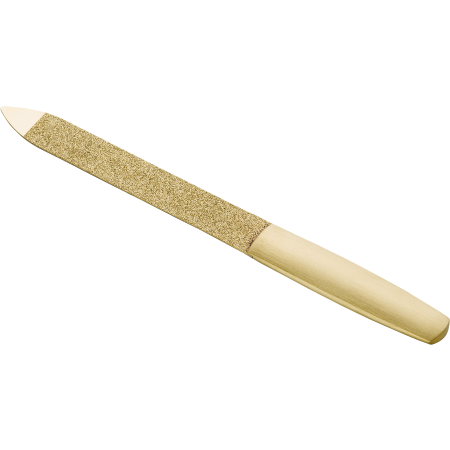 Queransicht einer ZWILLING Premium Saphir-Nagelfeile in Gold mit grob-und feinkörnigen Feilenflächen inklusive Reinigungsspitze.