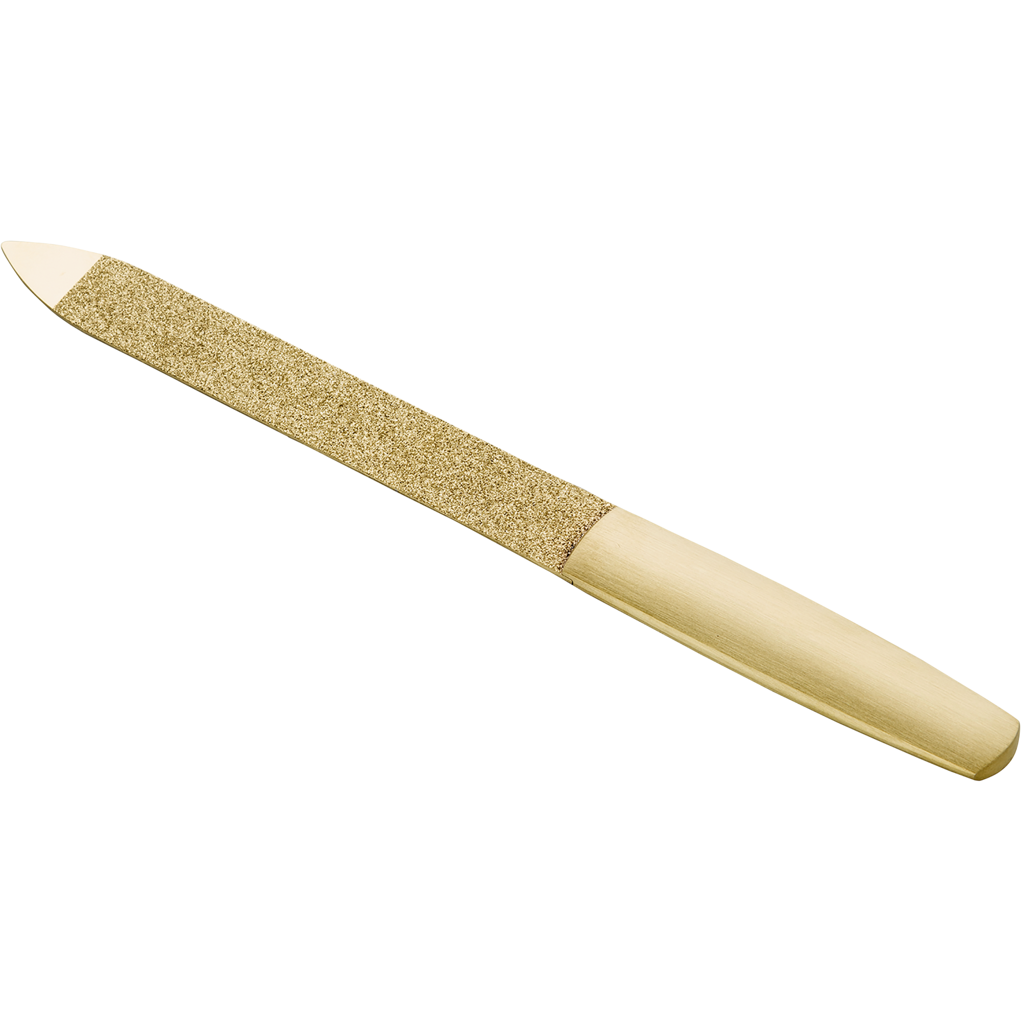 Queransicht einer ZWILLING Premium Saphir-Nagelfeile in Gold mit grob-und feinkörnigen Feilenflächen inklusive Reinigungsspitze.