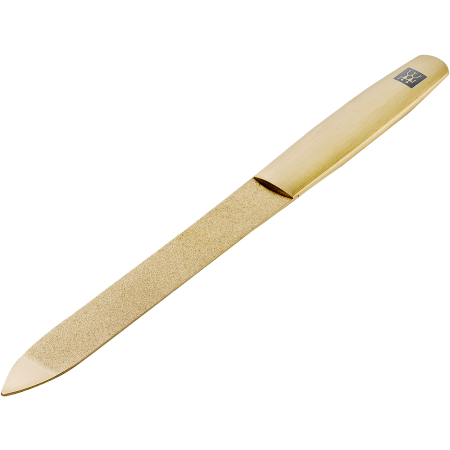 Queransicht einer ZWILLING Premium Saphir-Nagelfeile in Gold mit grob-und feinkörnigen Feilenflächen inklusive Reinigungsspitze.