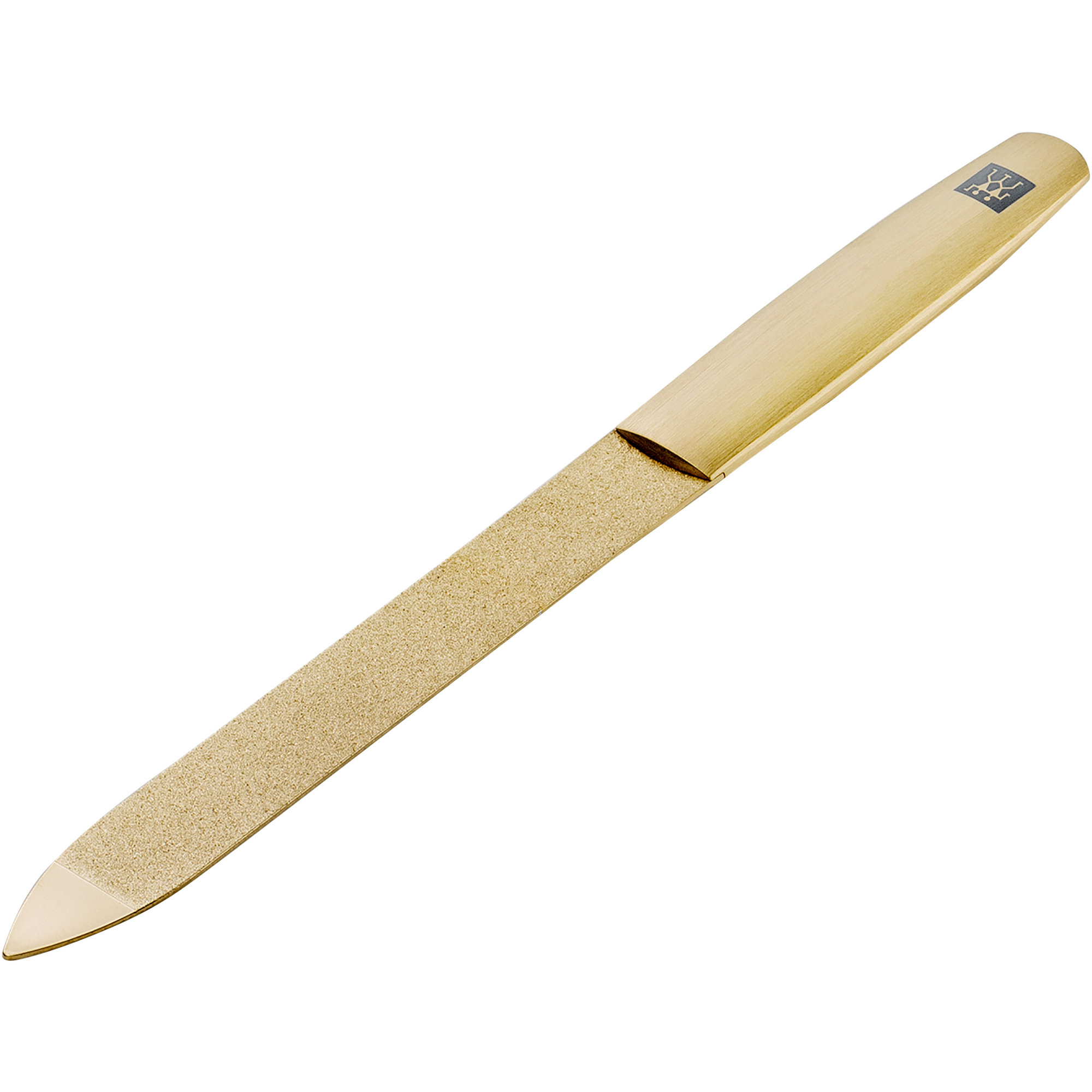 Queransicht einer ZWILLING Premium Saphir-Nagelfeile in Gold mit grob-und feinkörnigen Feilenflächen inklusive Reinigungsspitze.