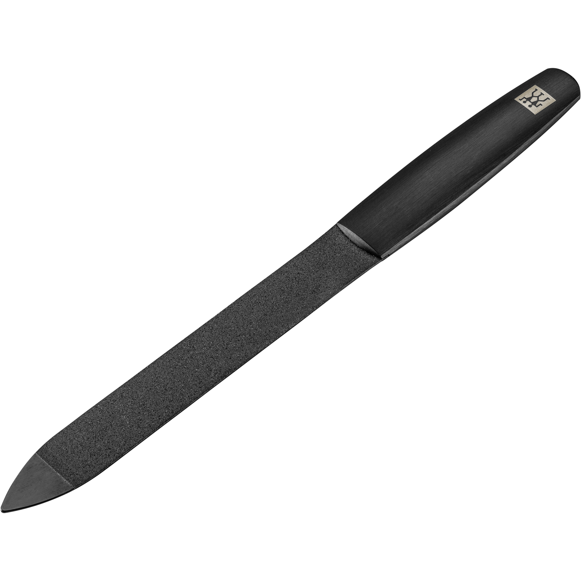 Queransicht einer ZWILLING Premium Saphir-Nagelfeile in Schwarz mit grob-und feinkörnigen Feilenflächen zum Kürzen und Formen.