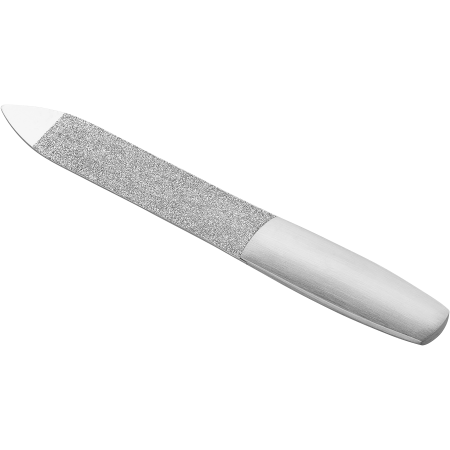 Queransicht der Rückseite einer ZWILLING Premium Saphir-Nagelfeile aus rostfreiem Edelstahl mit grob-und feinkörnigen Feilenflächen zum Kürzen und Formen.