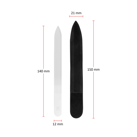 Größenangaben einer ZWILLING Premium Glas-Nagelfeile. Gesamtlänge beträgt 150mm.