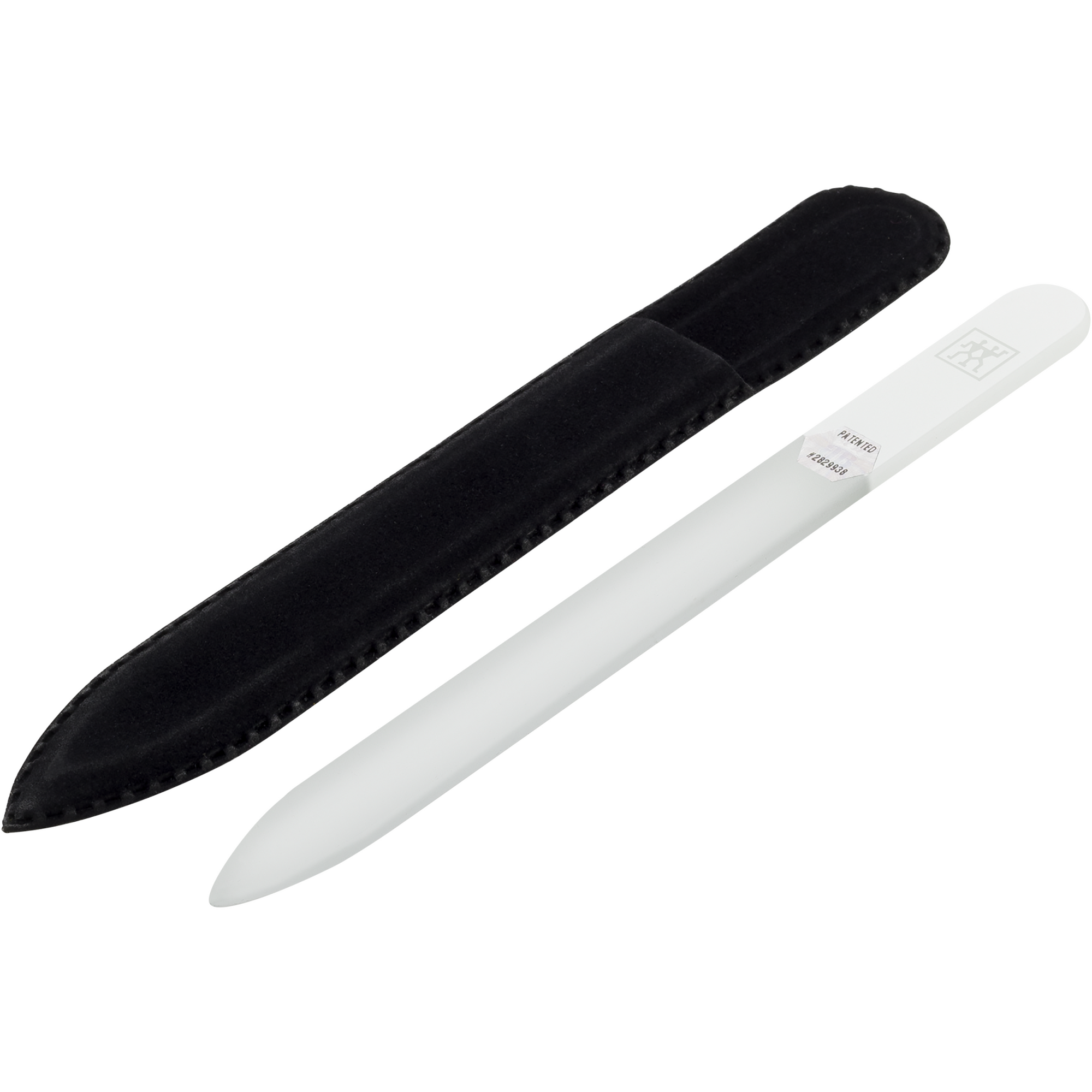 Queransicht einer ZWILLING Premium Glas-Nagelfeile mit extrem feinkörnigen Feilenflächen zum sanften Kürzen, Formen und Glätten, inklusive Hülle.