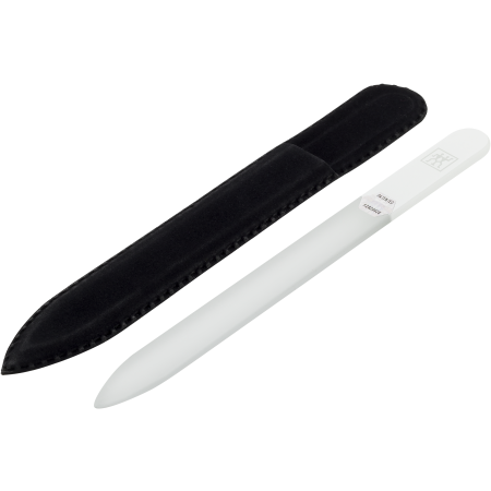 Queransicht einer ZWILLING Premium Glas-Nagelfeile mit extrem feinkörnigen Feilenflächen zum sanften Kürzen, Formen und Glätten, inklusive Hülle.