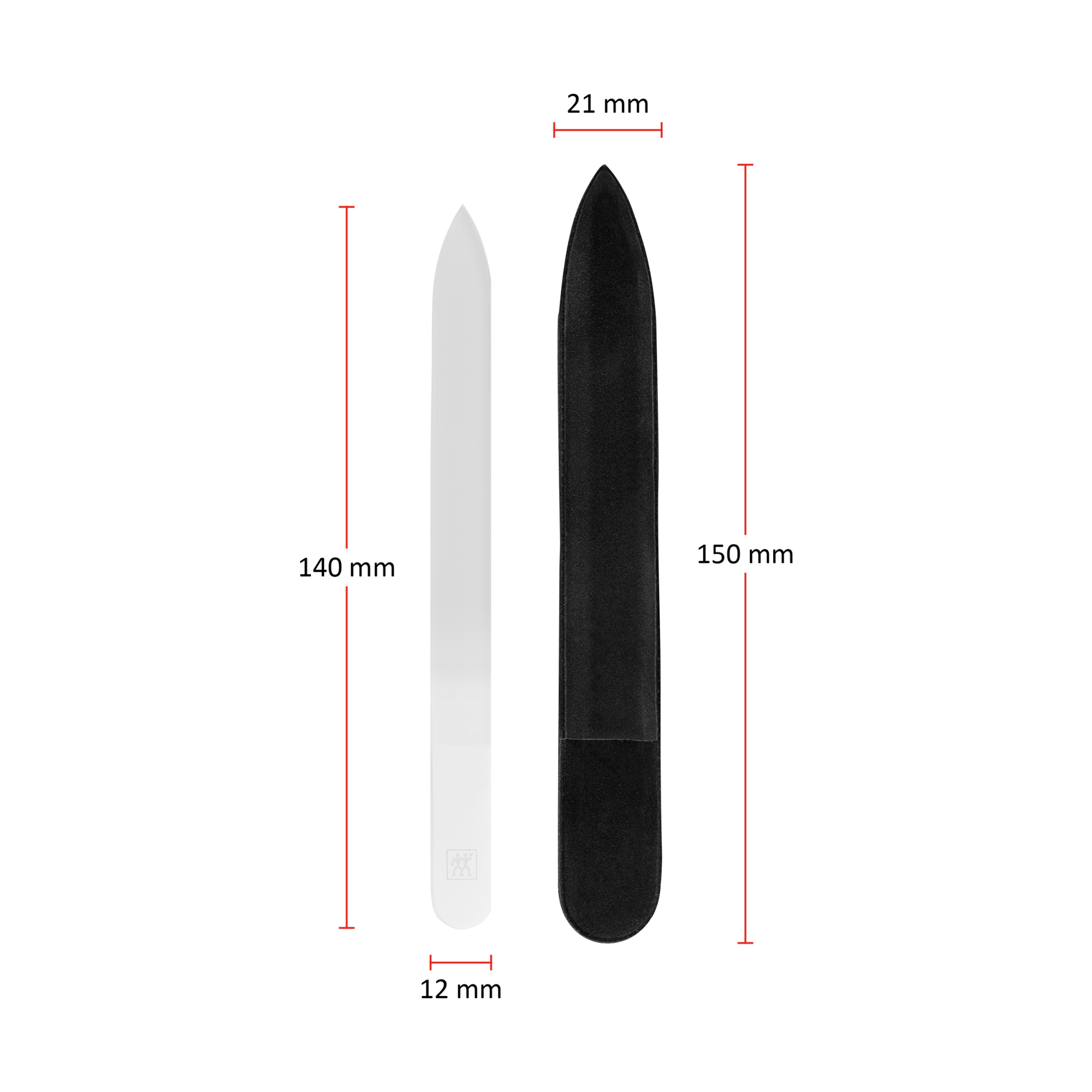 Größenangaben einer ZWILLING Premium Glas-Nagelfeile. Gesamtlänge beträgt 150mm.