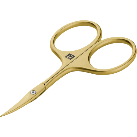 Queransicht einer ZWILLING Premium  Nagelhautschere in Gold mit scharfer, spitz zulaufender Schneide.