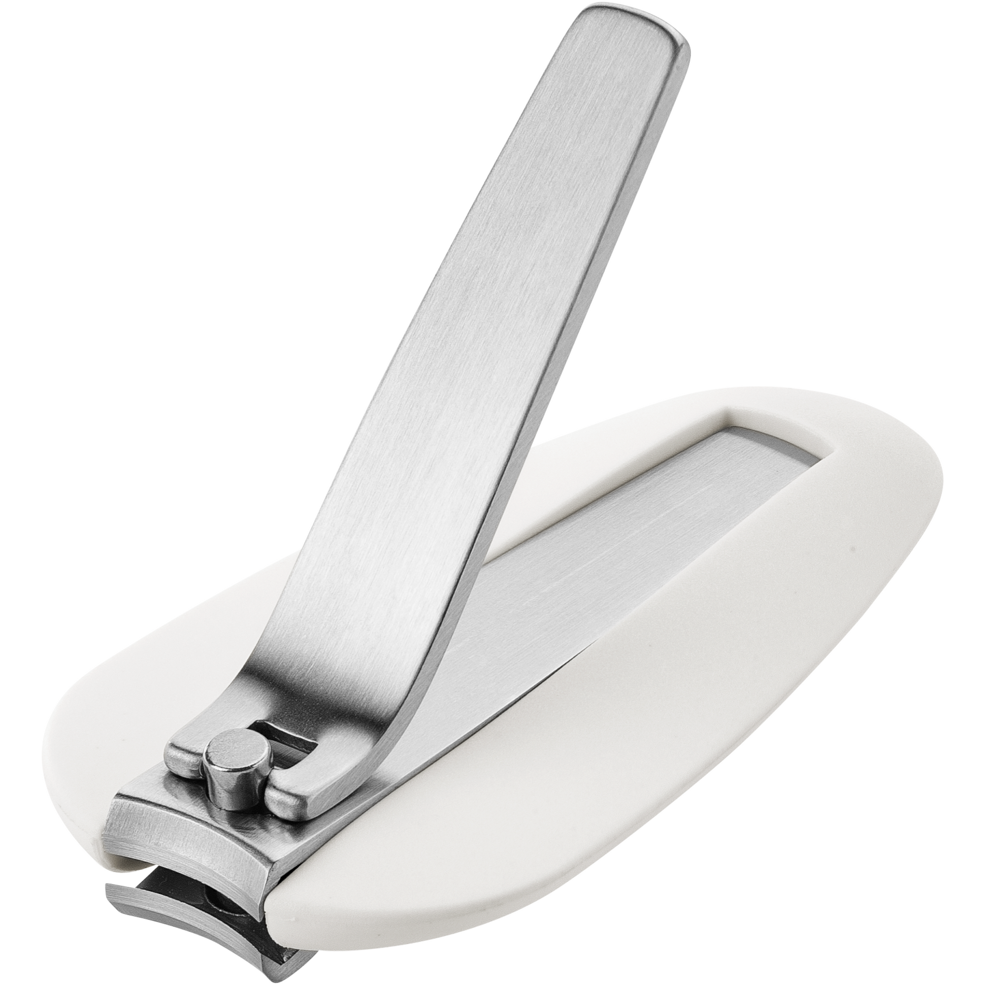 Queransicht eines geöffneten ZWILLING Premium Nagelknipsers aus rostfreiem Edelstahl mit gebogener Schneide und ergonomisch geformten Nagelfang.