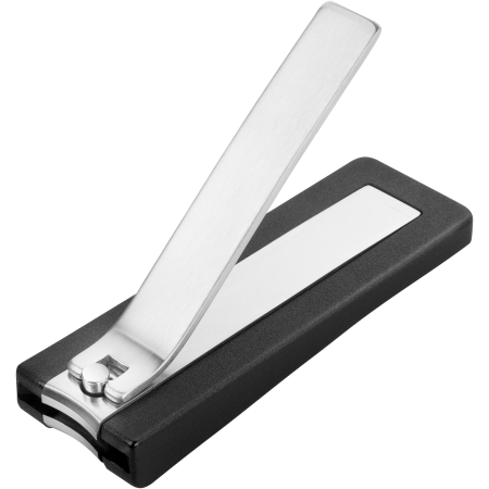 Queransicht eines geöffneten ZWILLING Premium Nagelknipsers aus rostfreiem Edelstahl mit leicht gebogener Schneide und schwarzem Nagelfang.
