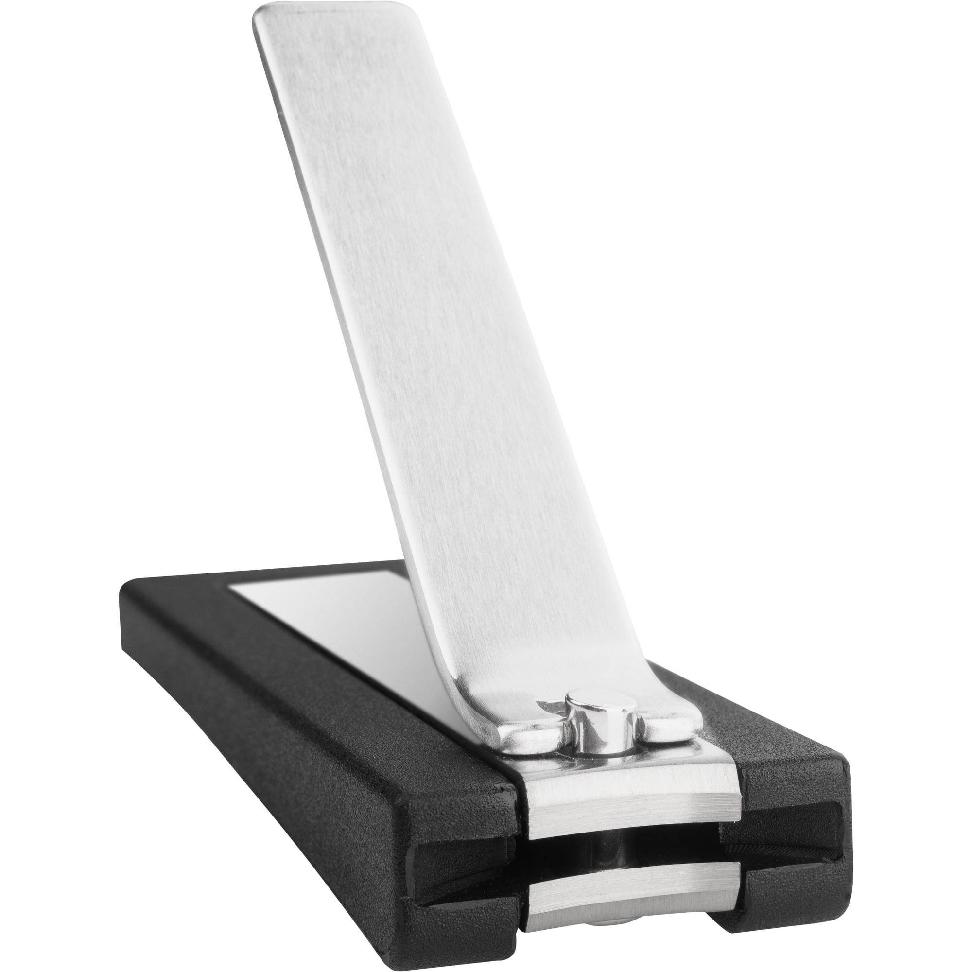 Nahaufnahme eines geöffneten ZWILLING Premium Nagelknipsers aus rostfreiem Edelstahl mit leicht gebogener Schneide und schwarzem Nagelfang.