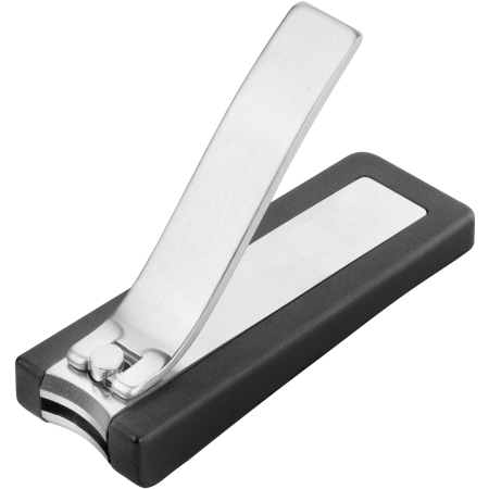 Queransicht eines geöffneten  ZWILLING Premium Nagelknipsers aus rostfreiem Edelstahl mit leicht gebogener Schneide und schwarzem Nagelfang.
