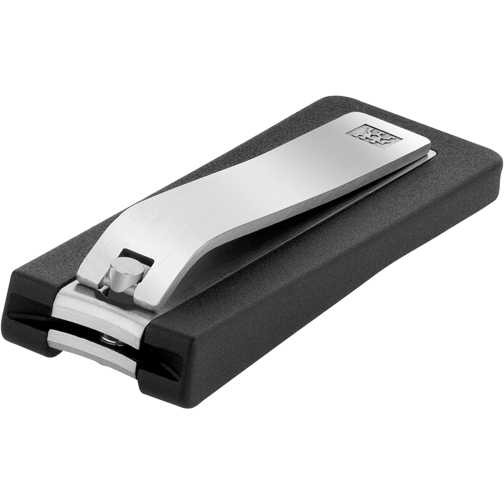 Queransicht eines geschlossenen ZWILLING Premium Nagelknipsers aus rostfreiem Edelstahl mit leicht gebogener Schneide und schwarzem Nagelfang.