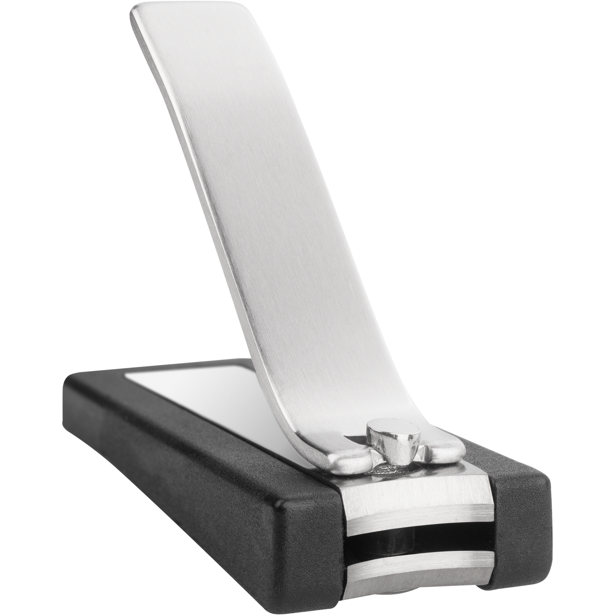 Nahaufnahme eines geöffneten ZWILLING Premium Nagelknipsers aus rostfreiem Edelstahl mit leicht gebogener Schneide und schwarzem Nagelfang.