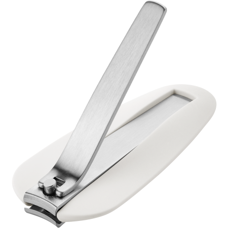 Queransicht eines geöffneten ZWILLING Premium Nagelknipsers aus rostfreiem Edelstahl mit gebogener Schneide und ergonomisch geformten Nagelfang.