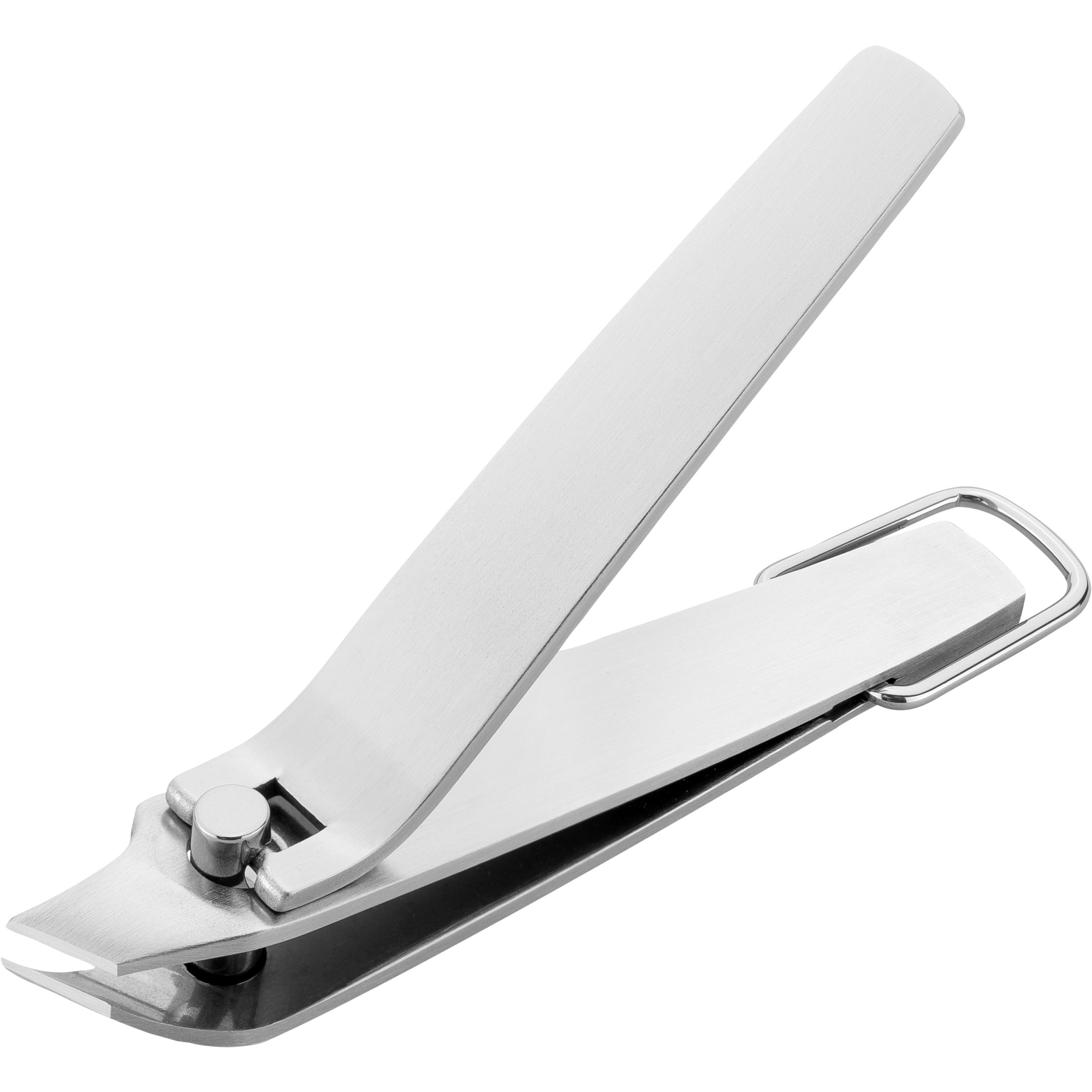 Queransicht eines geöffneten ZWILLING Premium Nagelknipsers aus rostfreiem Edelstahl mit abgewinkelter Schneide und Schlüsselring.
