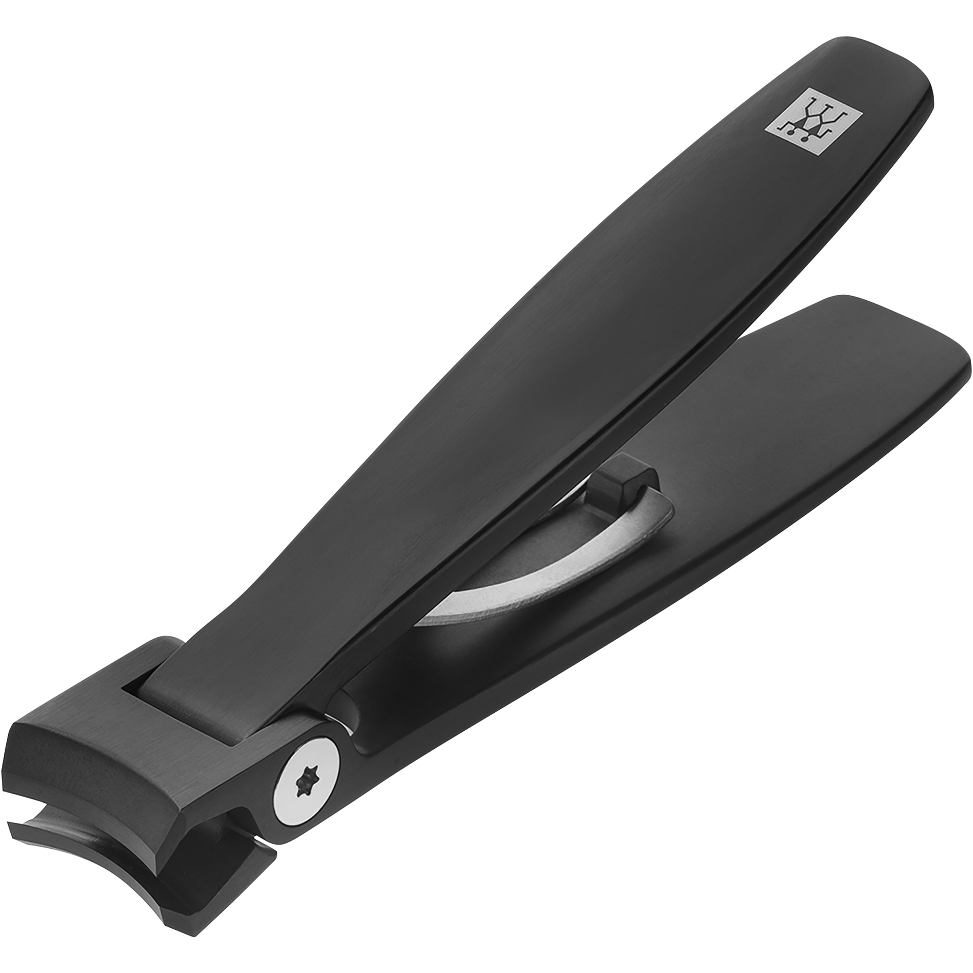 Queransicht eines ZWILLING Premium Nagelknipsers in Schwarz mit leicht gebogener Schneide.