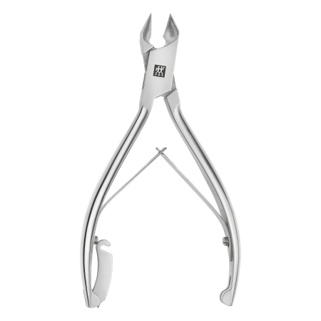 Hochformat einer geöffneten ZWILLING Premium Nagelzange mit Kopfschneider aus rostfreiem Edelstahl, mattiert mit besonders scharfen Schneiden.