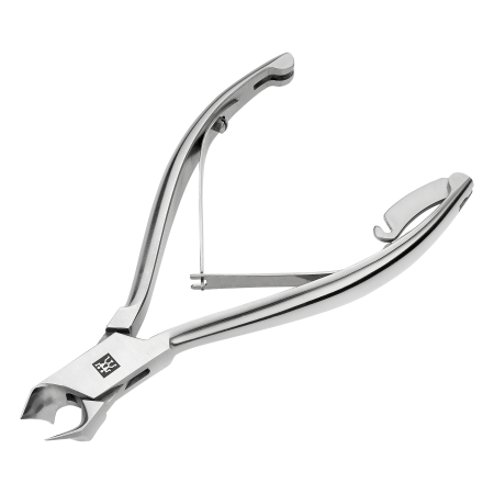 Queransicht einer geöffnete ZWILLING Premium Nagelzange mit Kopfschneider aus rostfreiem Edelstahl, mattiert mit besonders scharfen Schneiden.