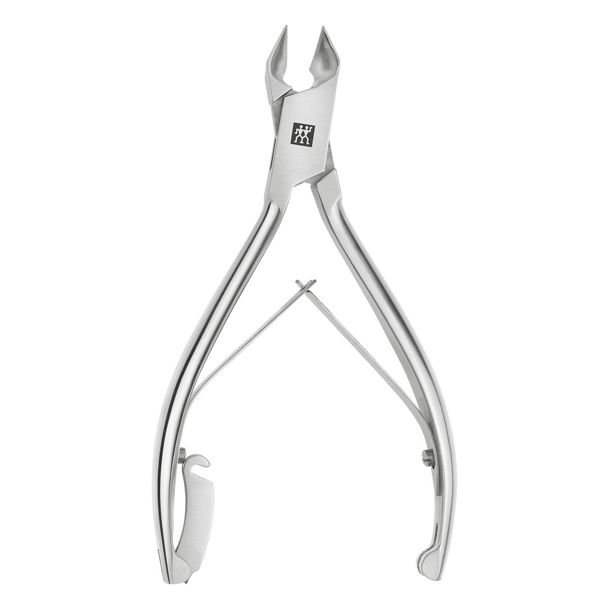 Hochformat einer geöffneten ZWILLING Premium Nagelzange mit Kopfschneider aus rostfreiem Edelstahl, mattiert mit besonders scharfen Schneiden.