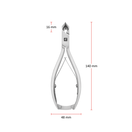 Größenangaben einer ZWILLING Premium Nagelzange mit Kopfschneider. Die Gesamtlänge beträgt 140mm und die Breite im geschlossenen Zustand 48mm. Der Zangenkopf hat eine Länge von 16mm.