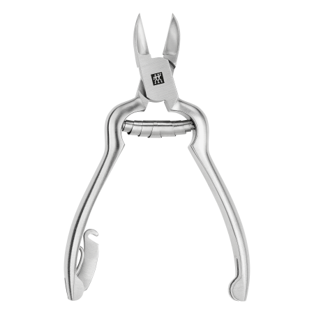 Geöffnete ZWILLING Premium Nagelzange mit Pufferfeder aus rostfreiem Edelstahl, mattiert mit besonders scharfen Schneiden.