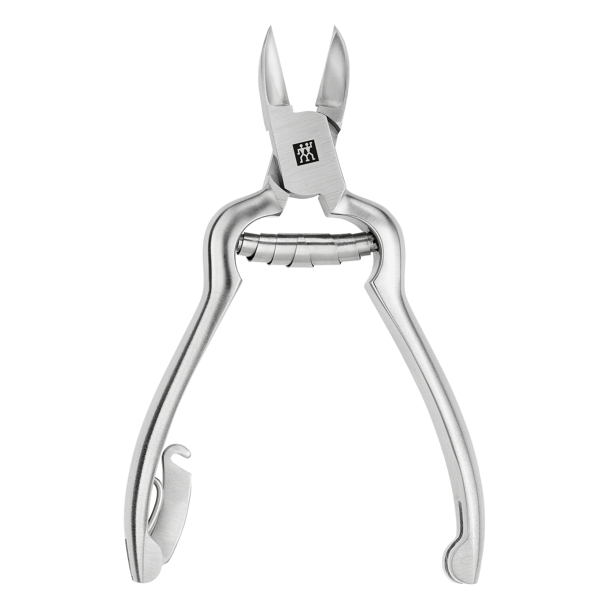 Geöffnete ZWILLING Premium Nagelzange mit Pufferfeder aus rostfreiem Edelstahl, mattiert mit besonders scharfen Schneiden.