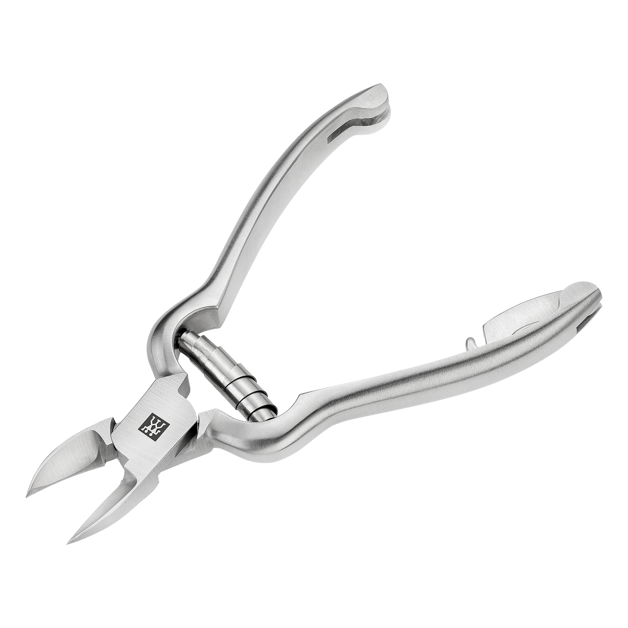 Queransicht einer geöffneten ZWILLING Premium Nagelzange mit Pufferfeder aus rostfreiem Edelstahl, mattiert mit besonders scharfen Schneiden.