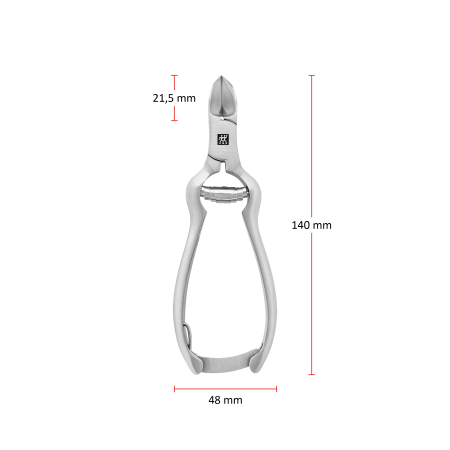 Größenangaben einer ZWILLING Premium Nagelzange mit Pufferfeder. Die Gesamtlänge beträgt 140mm und die Breite im geschlossenen Zustand 48mm. Der Zangenkopf hat eine Länge von 21,5mm.