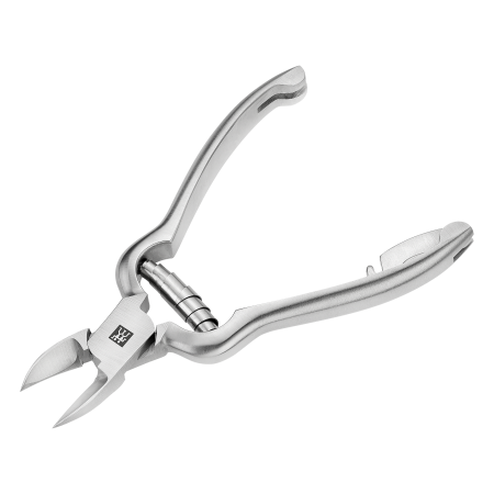 Queransicht einer geöffneten ZWILLING Premium Nagelzange mit Pufferfeder aus rostfreiem Edelstahl, mattiert mit besonders scharfen Schneiden.